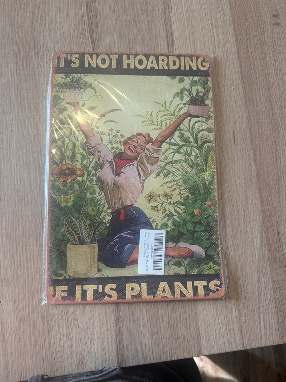 Vintage-Style 'It's Not Hoarding It's Plants' Metal Sign - Green & Cream